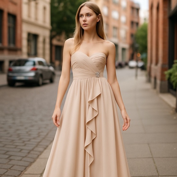 May Queen Couture Champagne Chiffon Sweetheart‎ Neckline Rhinestone Brooch Dress - Picture 16 of 16